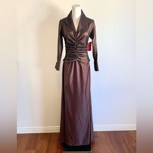 Tadashi Rich Brown Satin Long Formal Modest Luxury Gown Dress size 6 NWT